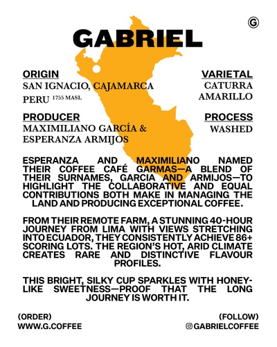 Esperanza and Maximiliano have called their coffee Café Garmas (a combination of their family names, Garcia and Armijos) to highlight the collaborative and equal contributions both make in managing the land and producing high quality lots.